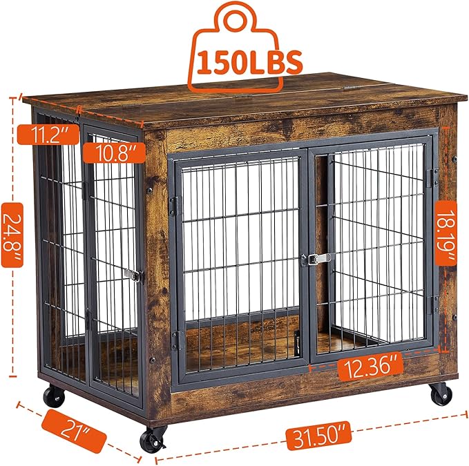IchbinGo Dog Crate Furniture, Wooden Dog Crate Table, 31.5" Dog Kennel with 3 Doors, Flip-up Top Opening and Wheels, Decorative Pet Crate Dog House for Medium/Small Dog Indoor Use (Rustic Brown)
