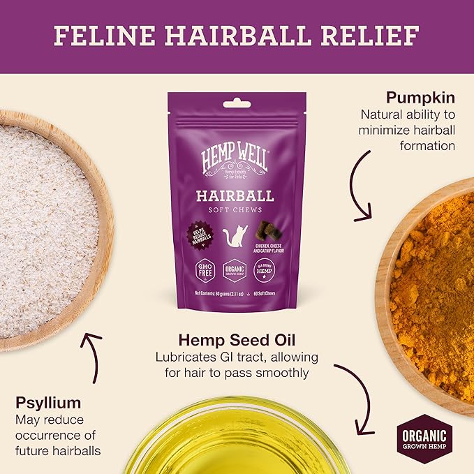 Hemp Well Cat Hairball Soft Chews for Cats, Organic USA Grown, Chicken Cheese & Catnip Flavor!