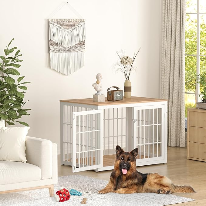 42 Inch Heavy Duty Dog Crate Furniture for Large and Medium Dogs, Decorative Pet House End Table, Wooden Cage Kennel Furniture Indoor, Natural and White
