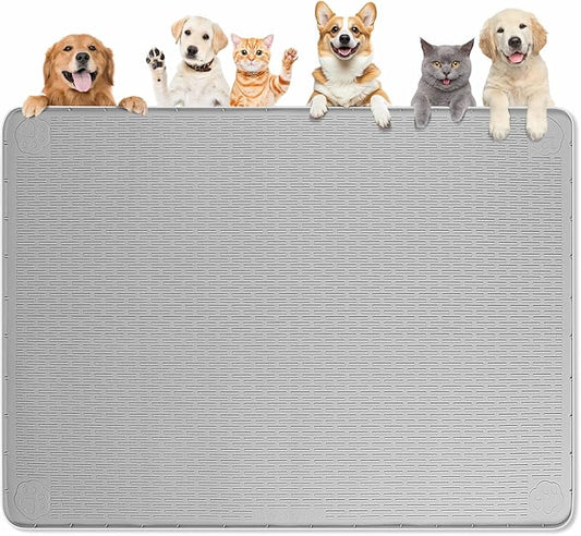 Dog Food Mat, Extra Large 50" x 35" Silicone Pet Feeding Mat with Raised Edge Pet Placemat for Small, Medium, and Large Pets Non-Slip, Easy to Clean (Grey)