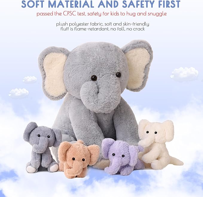 5 Pieces Elephant Stuffed Animals for Girls, 1 Mommy Elephant with 4 Babies Soft Plush Set Toys Gifts for Kids Children 3 4 5 6 7 8 9 Years, Christmas, Birthday, Children's Day