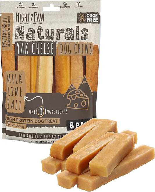 Mighty Paw Yak Cheese Chews for Dogs | All-Natural Long Lasting Pet Treats. Odorless and Great for Oral Health. Limited-Ingredient Chews for Puppies & Power-Chewers (Large, 8 Pack)