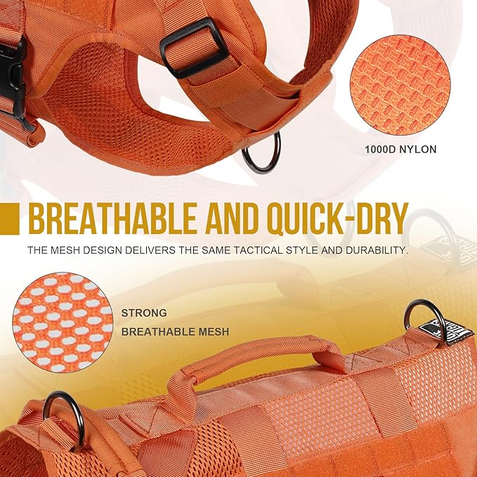OneTigris Tactical Dog Harness for Small Dogs, No Pull Small Dog Vest Harness Breathable Military Dogs Molle Vests with Handles, Harness for Walking Hiking Training (Orange, XS)
