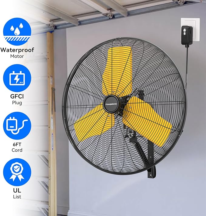 Pro 9500 CFM 24" Outdoor IP44 Waterproof Wall Mount Fan, 3-Speed Oscillating Metal Fans with Enclosure Motor, Heavy Duty Wall Fan for Patio, Warehouse, Garage, and Jobsite