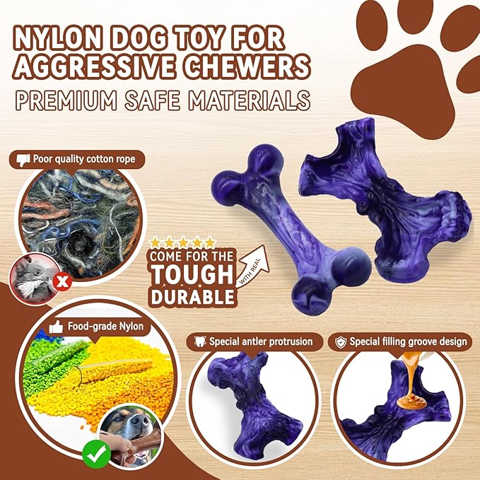 Magicorange Tough Dog Toys, Chew Toys for Aggressive Chewers, Dog Bone Toy Nylon Almost Indestructible Dogs Toy for Teeth Cleaning and Training (Purple)