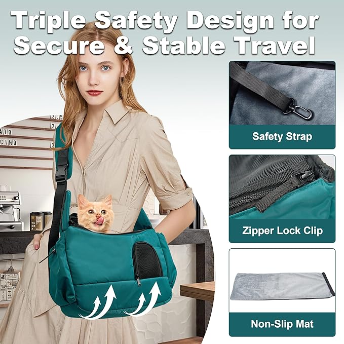 Dog Sling Carrier for Small Pets, Hands-Free Cat Carrier Pouch up to 8.8 lb, Cat Sling with Safety Strap and Pockets, Ideal for Travel and Daily Use, Peacock Blue