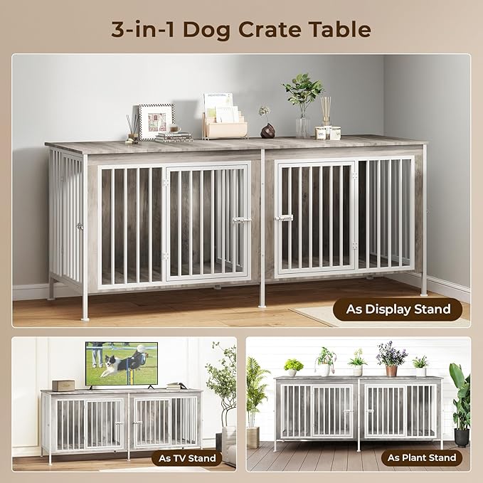 63 Inch Dog Cage Furniture for 2 Large/Medium Dogs with Removable Divider, Extra Large Double Doors Dog Kennel, XXL Thick Wooden Dog cage Furniture, Durable and Sturdy, Beige