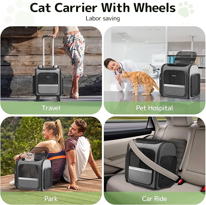 Rolling Cat Carrier with Wheels: Dog Carrier for Small Dogs & Large Cats, Expandable Pet Carrier on Wheels with Cat Play Tunnel, Large Capacity, Breathable Mesh, Side Pocket, Grey
