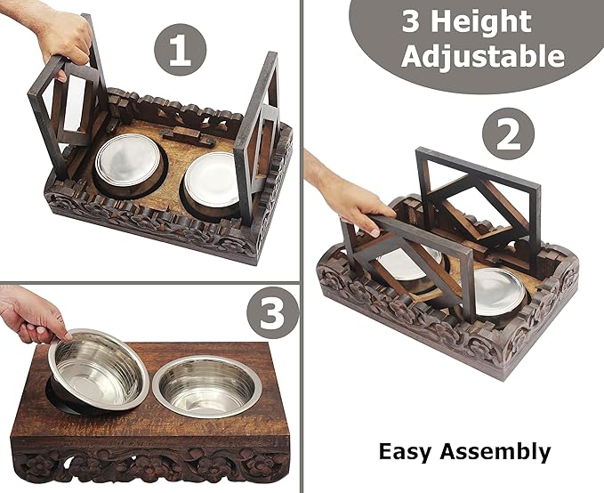 Elevated Pet Feeder for Dogs and Cats - The Bali Carved Wood Pet Feeding Stand with Two Stainless Steel Bowls - Three Heights Adjustable Raised Dog Bowl - Food Water Pet Feeding Station - IRONGATE