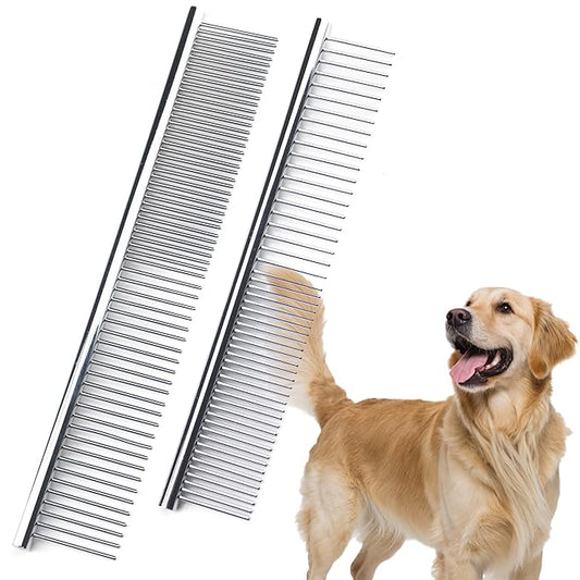 Dog Comb to Remove Tangles and Knots, Cat Comb with Stainless Steel Teeth and Non-Slip Handle, Dog combs for grooming matting for Long Haired Pets (Large & Small)