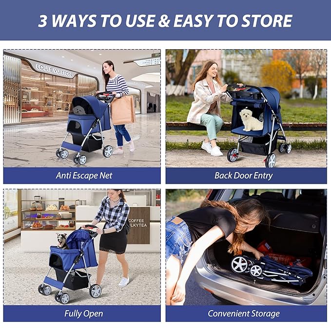 4 Wheels Pet Stroller for Small Medium Dogs Cats 10-33 lbs, Foldable Dog and Cat Stroller with Cup Holder & Storage Basket & Breathable Mesh, Pet Strolling Cart for All-Season, Navy Blue