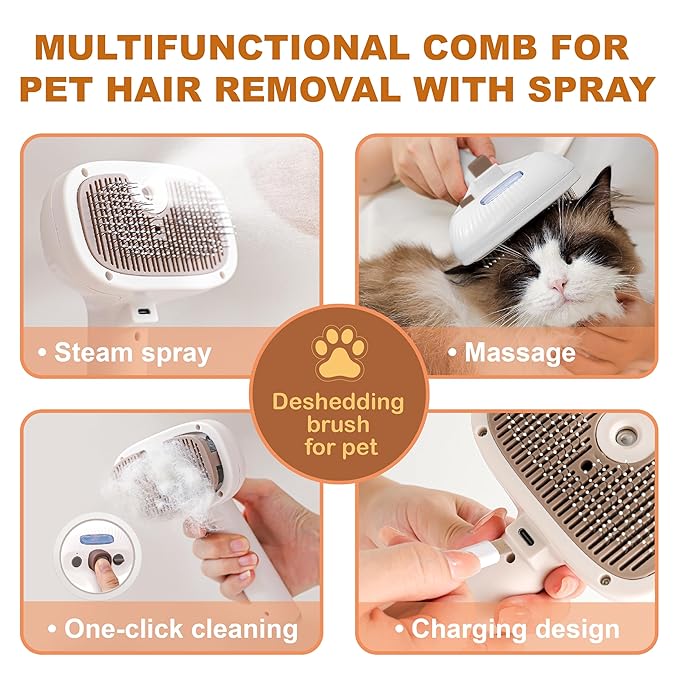 Cat Steam Brush, Dog Brush for Shedding, Pet Spray Hair Removal Comb, Pet Grooming Brush for Short & Long Haired Dogs & Cats,Spritz Defur Comb with Waterless Shampoo (White)