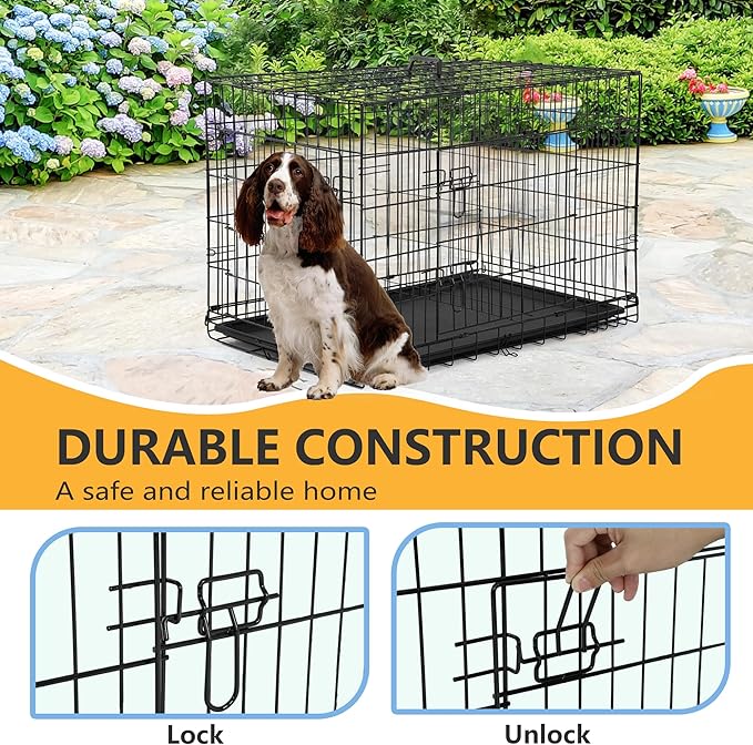 FDW Dog Crate Dog Kennel Cage with Double Door,36 inch Folding Metal Wire Dog Cage with Removable Tray&Divider Panel,Pet Crate for Medium Dogs,Black