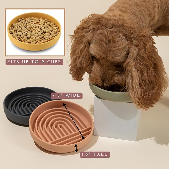 The Slowdown Bowl Silicone Slow Feeder for Dogs & Puppies, Slow Eating Modern Lick Mat Design, Reduces Gulping, Fits 2 Cups 7.5” Across x 1.5” Tall, Mealtime Challenge, Medium-Terracotta