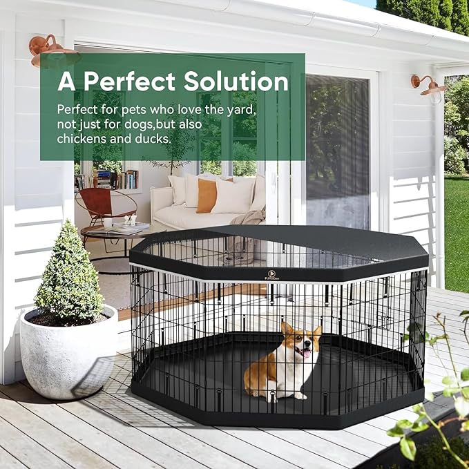 PJYuCien Dog Playpen, 8 Panels 30’’H Dog Pens Indoor with Bottom Pad and Top Cover, Metal Foldable Pet Puppy Exercise Fence Crate Kennel, Better for Small Animals,Black