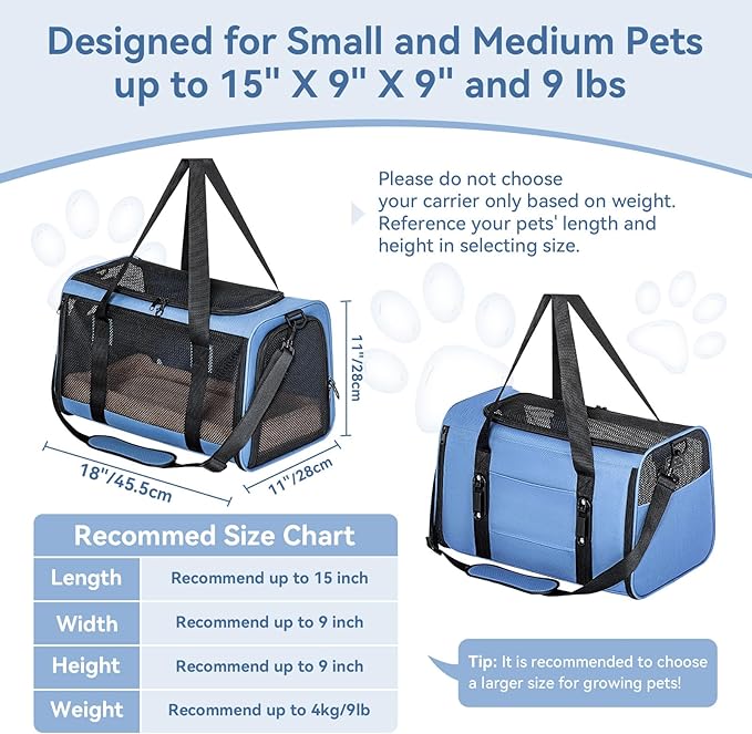 PETSFIT Soft-Sided Cat Carriers & Car Seats with Patent Safe Buckles, Clip-On Harness，18"x11"x11" Airline Approved Pet Carrier - 9 lbs Capacity (Blue)
