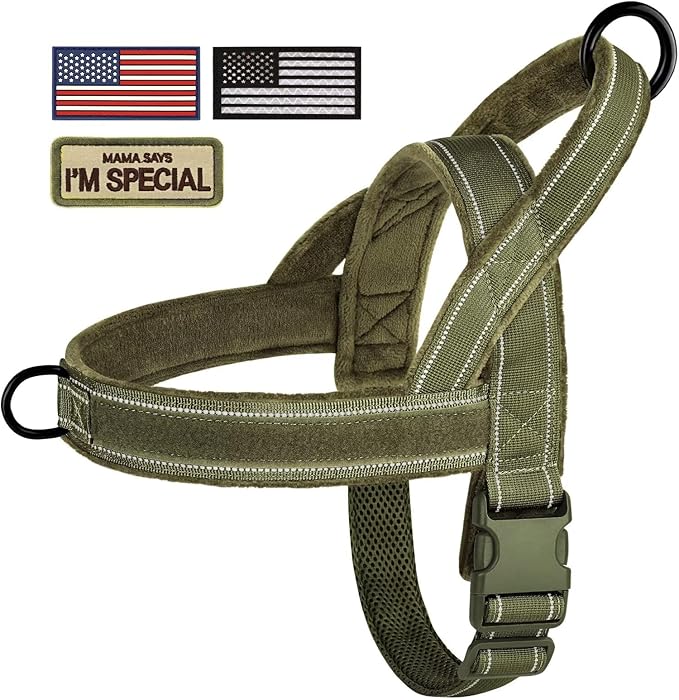 Forestpaw No Pull Dog Harness - Soft Flannel Padded Tactical Dog Vest Harness with Quick Release Buckle, Adjustable Reflective Pet Harness for Medium Dogs Walking Training,Green M