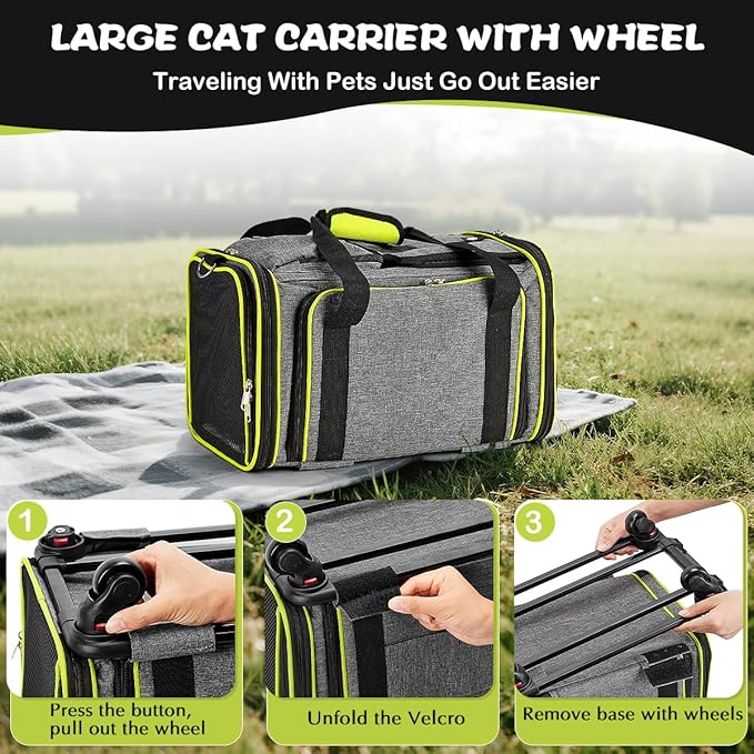 Pet Carrier with Wheels for Cat and Small Dog, Expandable Airline Approved Pet Carrier for Animal Under 15 lbs, Rolling Cats Puppy Carriers Travel Bag for Traveling and Camping