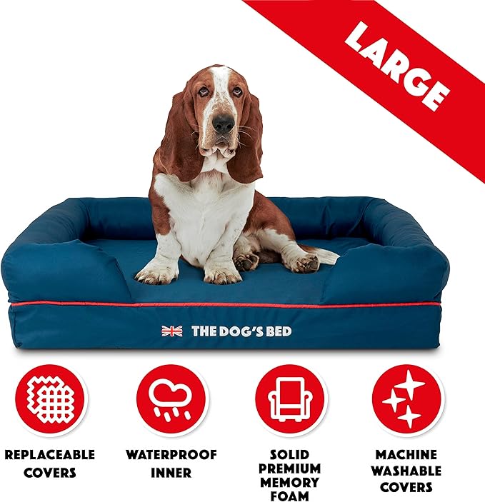 The Dog’s Bed Orthopedic Dog Bed Large Blue Oxford with Red Trim UK Flag Dog Bed 36x27 Memory Foam, Pain Relief: Arthritis, Post Surgery, Lameness, Veterinary Approved, Waterproof Washable Cover