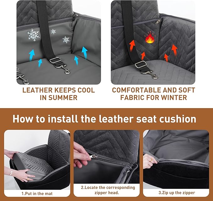 Dog Car Seat Booster with Waterproof Cover, Memory Foam, Small/Medium Dog Bed for Car Back Seat for Travel, Black/Grey, 2 Safety Belt