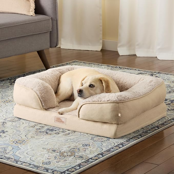 TOWN & COUNTRY EVERYDAY CuddleTown Comfy Solid Bolster Sofa Pet Bed, Supportive & Calming Egg Crate Foam, Non-Slip Bottom, Machine Washable Cover, Beige, Medium 28"x23"x8"