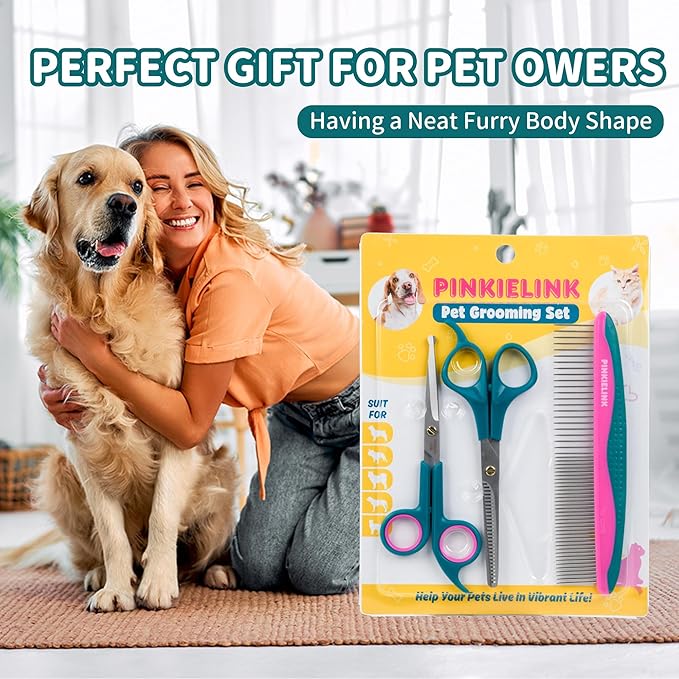 Professional Pet Grooming Kit, Stainless Steel Dog & Cat Grooming Shears with Rounded Tip Blades for Safe Fur Trimming, Thinning Shears, Straight Scissors, and Pet Comb (Set of 3)