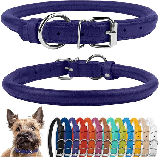 CollarDirect Rolled Leather Dog Collar, Soft Padded Round Puppy Collar, Handmade Genuine Leather Collar Dog Small Large Cat Collars 13 Colors (6-7 Inch, Purple Textured)