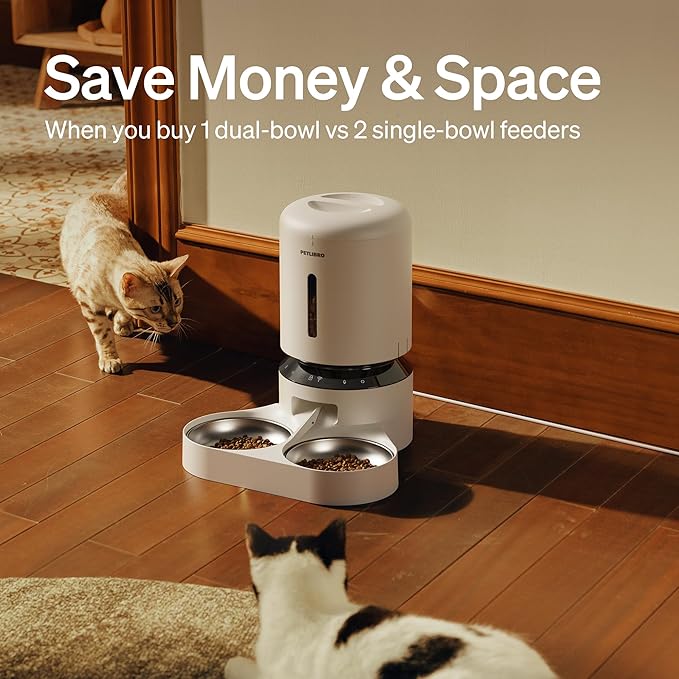 PETLIBRO 5L Automatic Cat Feeder for 2 Cats, 5G&2.4G Wi-Fi Programmable Cat Food Dispenser with Dual Stainless Steel Bowls, Airtight Lock Fresh Technology, Low Food Sensor