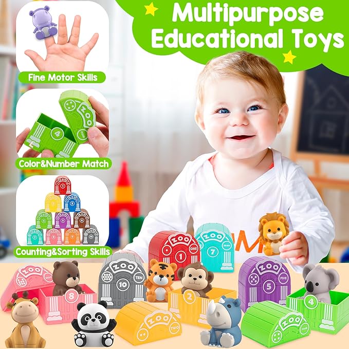 Learning Toys for 1,2,3 Year Old, 20 Pcs Safari Animals Toy, Counting Skill, Color Matching, Montessori Toys, Christmas Birthday Easter Educational Gift for Baby Toddler Boys Girls Age 12-18 Months