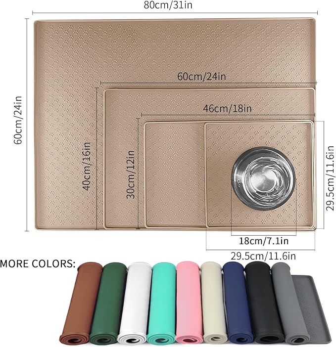 Ptlom Silicone Dog Food Mat Waterproof Pet Feeding Mat with High-Lips, Anti-Slip Dog Bowl Mat for Food & Water, Non-Spill Puppy Feeding Tray for Small, Medium & Large Dogs and Cats, Taupe