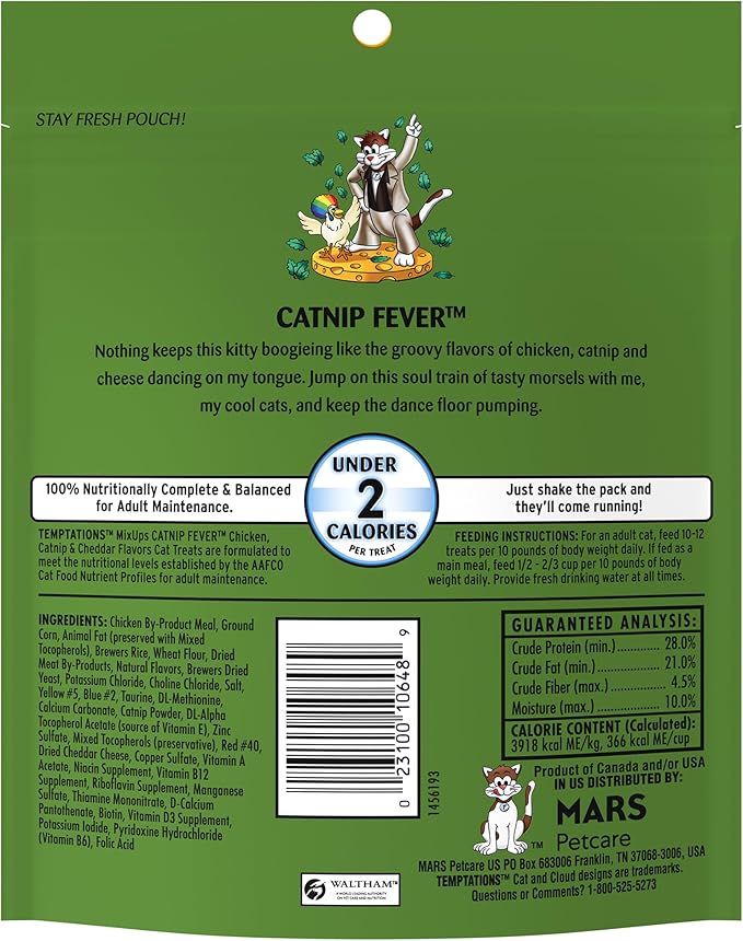 Temptations MixUps Catnip Fever Flavor Crunchy and Soft Cat Treats, 6.3 oz. Pouch (Pack of 10)