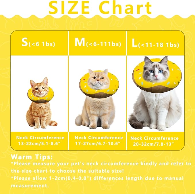 Cat Cone Collar Soft, Adjustable Cat Recovery Collar Kitten Cones to Stop Licking, Cute Donut E Collar After Surgery, Cats Neck Pillow Cone Elizabethan Cones of Shame (Waterproof Yellow, Small)