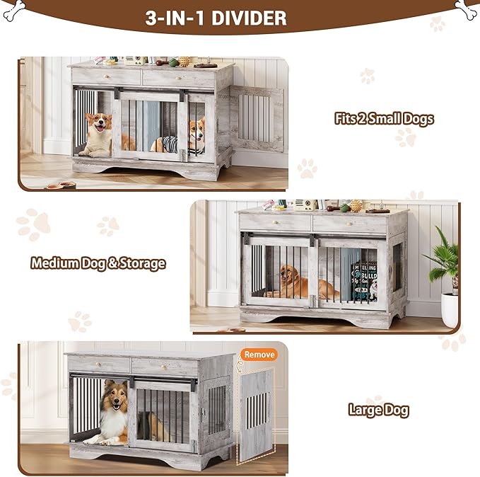 Dog Furniture Crate, 47" Large Dog Crate Furniture w/ 2 Storage Draws & Removable Divider for Large/Medium/Small Dogs (Grey, One Cage)