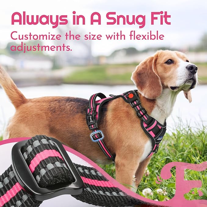 Eagloo Dog Harness Medium Sized, Easy Wearing with 3 Buckles, Adjustable No Pull Pet Harness with 2 Rings for Walking, No Chock Reflective Soft Padded Vest with Control Handle, Pink & Black, M