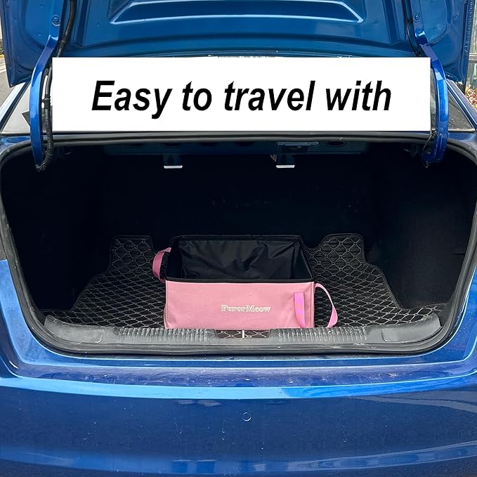 Pink Portable Cat Litter Box, Firm Waterproof Foldable for Travelling for Cats, Including Crinkle Ball, Poop Bags, Foldable Bowl and Scoop, 15.8x15.8x5.9 inches