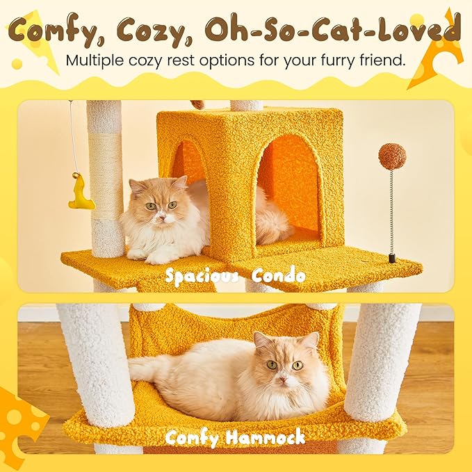 MWPO Cat Tree, 70.1-Inch Tall Cat Tower for Indoor Cats Large Adult, Multi-Level Cat Condo with 5 Scratching Posts, 2 Padded Perches, Hammock, Dangling Toys, Yellow