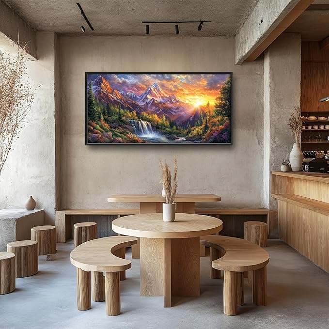 Large Mountain Tree Wall Art for Living Room, Framed Oversized Sunset Waterfall Wall Decor Nature Landscape Canvas Painting Modern Artwork for Living Room Bathroom Bedroom Office Dining Room 60"x30"