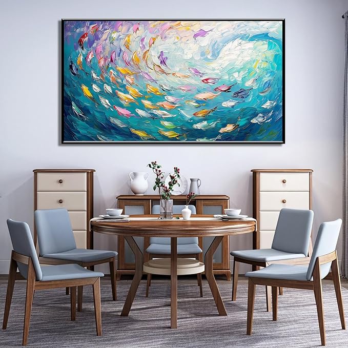 Fish Canvas Wall Art, Abstract School of Fish Canvas Wall Art, School of Fish Painting Canvas, School of Fish Wall Art, Fish Wall Decor, Fish Pictures Wall Decor, Bedroom Canvas Wall Decor (Black Framed, 48"x27" | 122x68cm)
