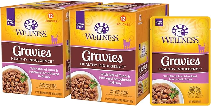 Wellness Healthy Indulgence Gravy Adult Wet Cat Food, Natural, Protein-Rich, Grain Free, 3 Ounce Pouch, 24 Pack, (Tuna & Mackerel)