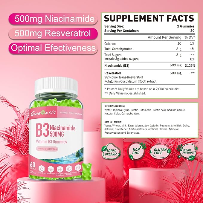 Niacinamide 500mg Gummies, Chewable Vitamin B3 Supplement with Resveratrol 500mg, High Potency Niacin for Antioxidant, Skin & Brain Health, Immune Support, Vegan Apple Flavor, 60 Count