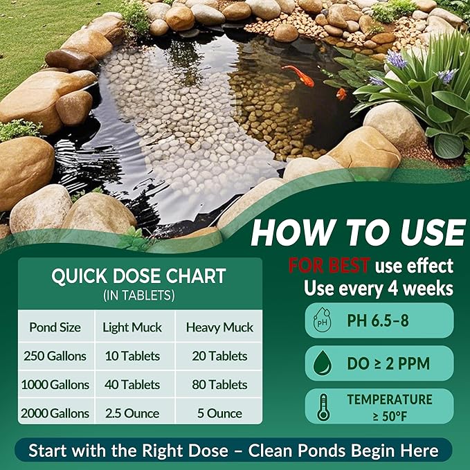 Muck Clear – Natural Pond Sludge Treatment, 250 Tablets for Ponds, Fountains & Bird Baths, Beneficial Bacteria & Enzymes, Chemical-Free & Safe for Fish, Pets & Wildlife