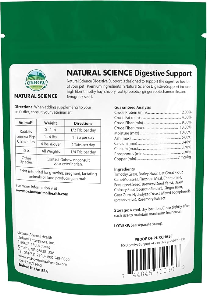 Oxbow Animal Health Natural Science Digestive Support, High Fiber Supplement for Rabbit & Guinea Pig, Made with Timothy Hay, Includes Chicory Root, Ginger Root, Chamomile, Made in USA, 4.2 oz Bag