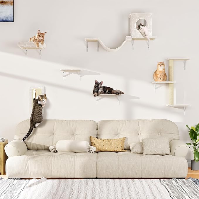 NUNU LAB Wall Mounted Cat Furniture, 6 Pcs Cat Wall Shelves with Condo House, Bridge, Steps, Scratcher, Hammock, Indoor Safe & Stable Furniture for Kittens Play, Beige
