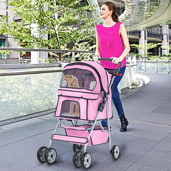 Dog Stroller, Folding 4 Wheels Pet Stroller for Small Medium Dog Cat Travel Carrier with Weather Cover Storage Basket Cup Holders Pink