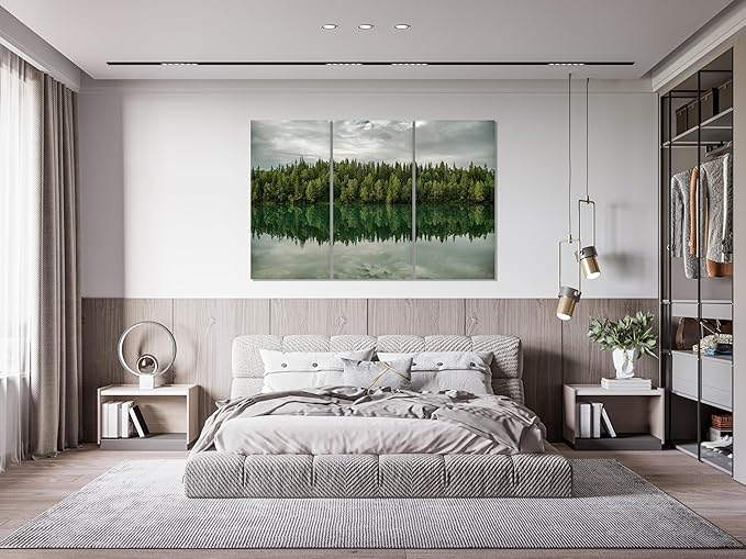 Nature Wall Art Prints - Ocean Forest Mountain Lake Canvas Landscapes - Small to Extra Large Living Room Bedroom Kitchen Bathroom Décor (Forest Reflection, 35L" x 53W" - 3 Panels)