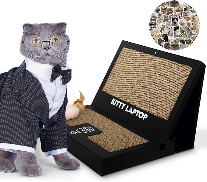 Toy Cat Laptop with 2 Scratchboards + Catnip Mouse Toy for Cats + 50pack Cat Sticker - Interactive Eco-Friendly Cat Computer with Scratch Pad Laptop for Cats - Mini Cat Laptop