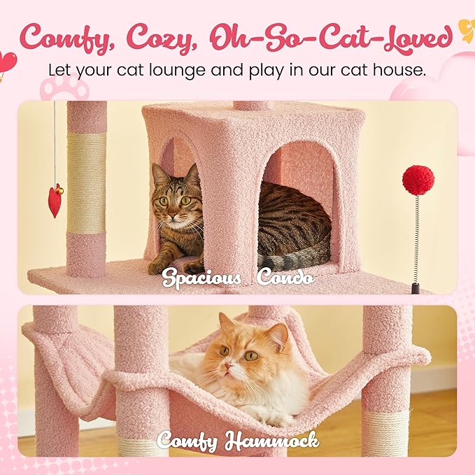MWPO Cute Cat Tree, 70.1-Inch Tall Pink Cat Tower for Indoor Cats Large Adult, Multi-Level Cat Condo with 5 Scratching Posts, 2 Padded Perches, Hammock, Dangling Toys