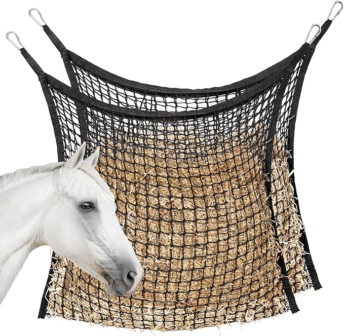 2 PCS Slow Feed Hay Net for Horses, Large Capacity Hay Bags for Horses Goats Sheep Donkey Trailer Full Day Feeding, Easy to Fill and Hang, Black, 35 x 31 Inch