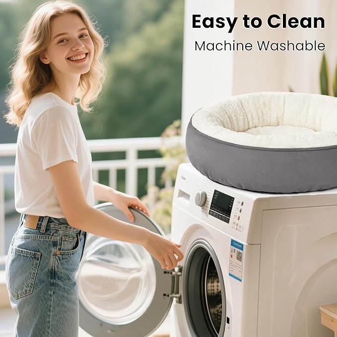 Love's cabin Round Donut Cat and Dog Cushion Bed, 25in Pet Bed for Small or Medium Dogs, Anti-Slip & Water-Resistant Bottom, Soft Durable Fabric Pet Beds, Washable Calming Cat & Dog Bed Grey