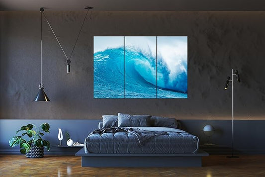 Nature Wall Art Prints - Ocean Forest Mountain Lake Canvas Landscapes - Small to Extra Large Living Room Bedroom Kitchen Bathroom Décor (Blue Ocean Wave, 55L" x 83W"- 3 Panels)